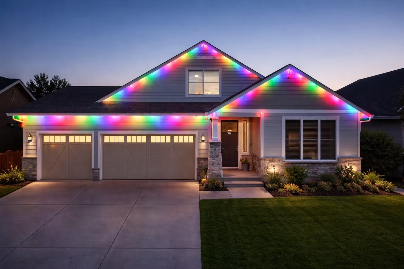 Multicolor lighting outlining a home’s roof peaks and garage eaves at dusk